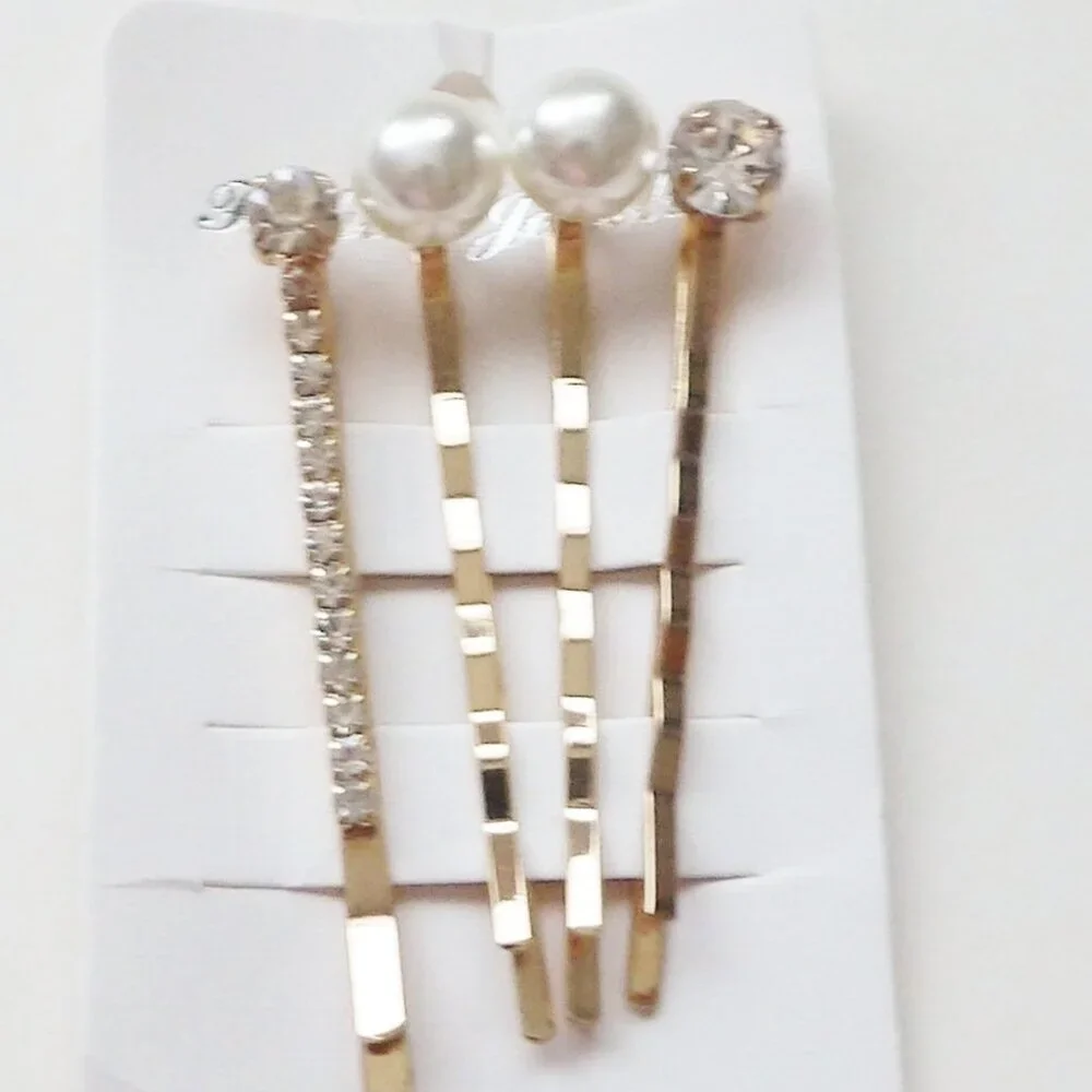 Bundle of 8 Bobby Pins Various Designs Faux Pearl Crystals Gold Tone NEW